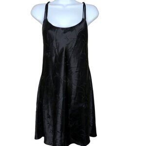 Vintage L.A. Intimates Black Floral Satin Nightgown M Double Spaghetti Straps